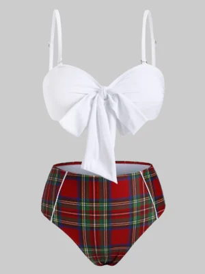Knot Piping Plaid Bandeau Bikini Swimwear