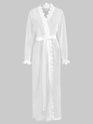 Mesh Sheer Crochet Trim Belted Long Lingerie Robe