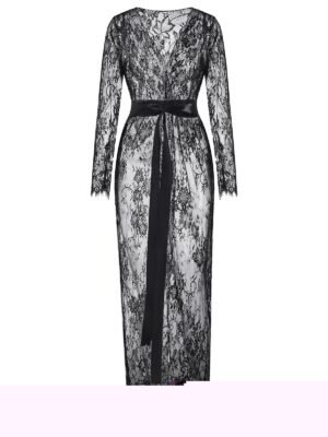 Lace Sheer Belted Long Lingerie Wrap Robe