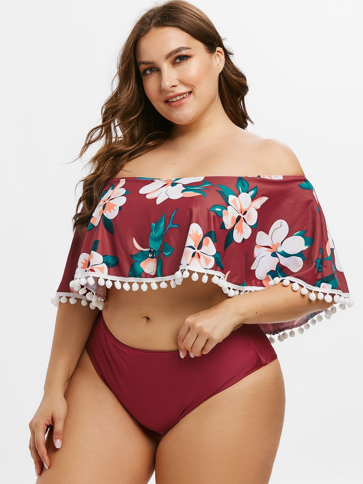 Plus Size Floral Pattern Off Shoulder Tankini Swimsuit