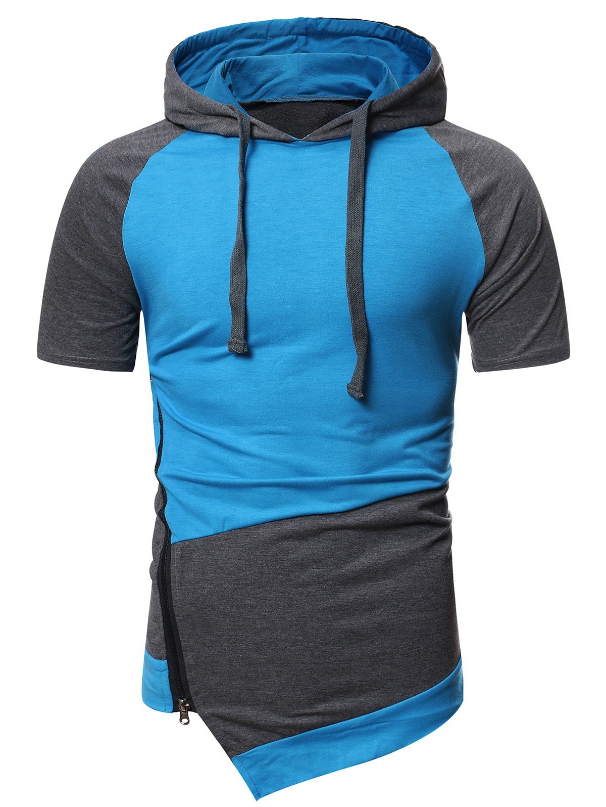 Hooded Zipper Slit Asymmetric Contrast T-shirt