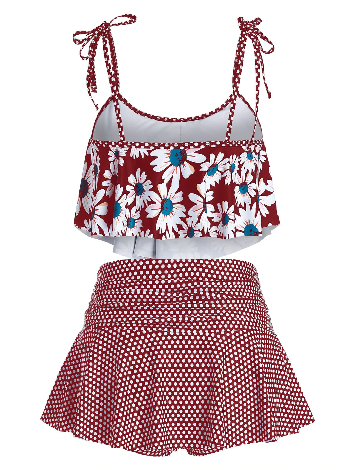 Plus Size Tie Shoulder Floral Print Polka Dot Tankini Swimwear