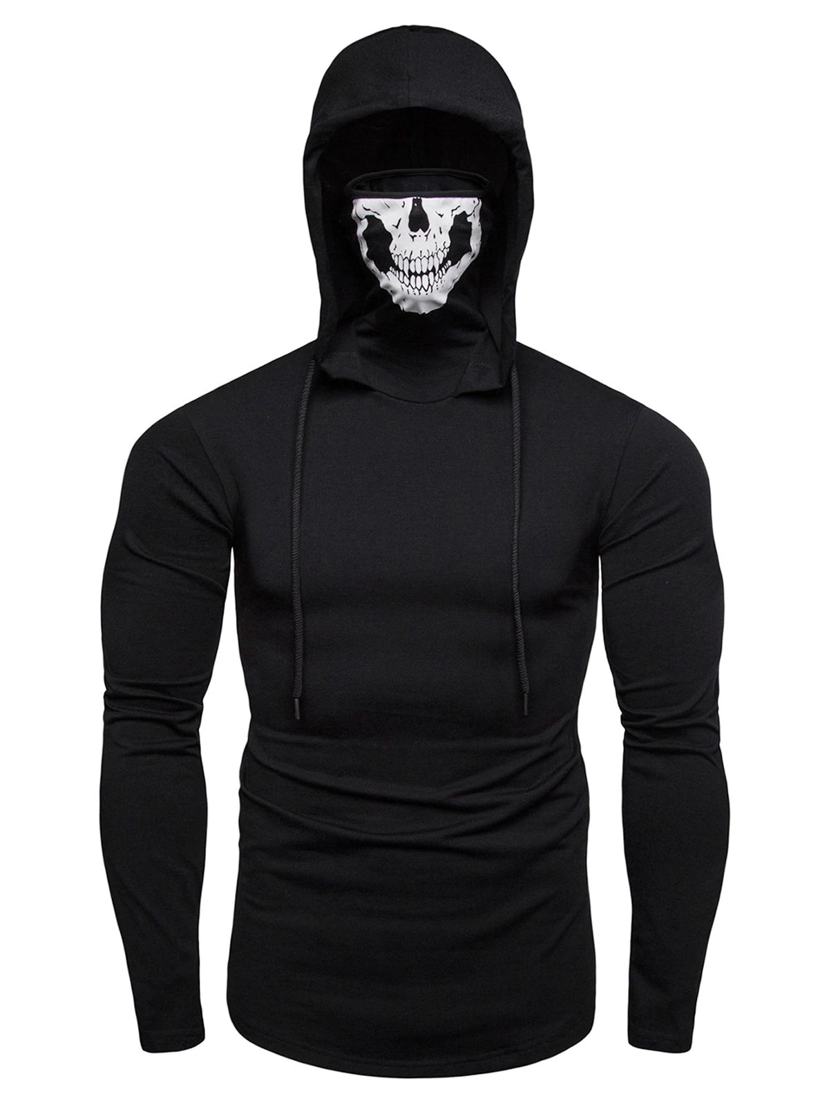 Skull Mask Drawstring Zip Hem Hooded T Shirt