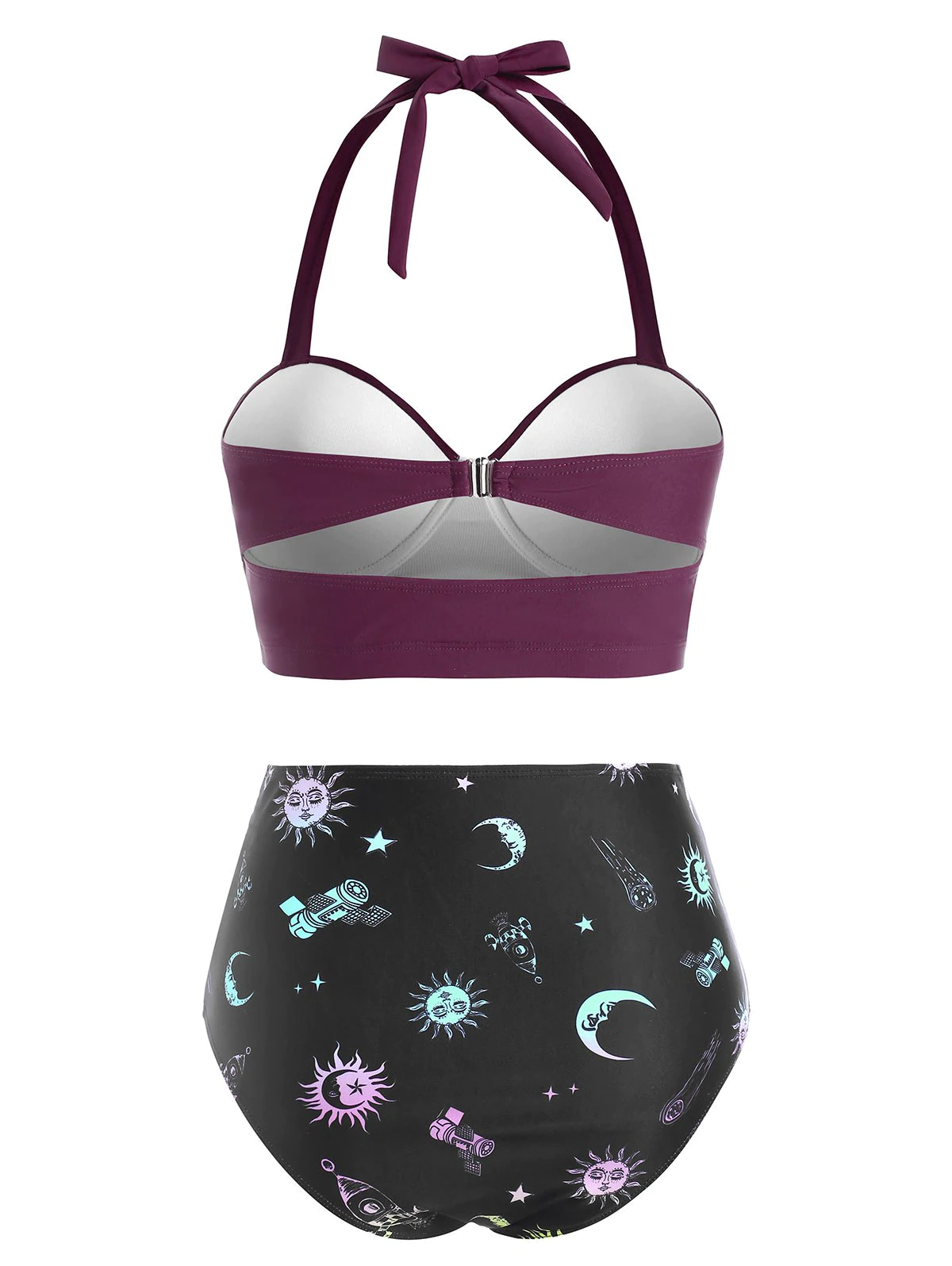 Push Up Astrology Sun Stars Moon Print Halter Tankini Swimwear