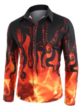 Fire Octopus Pattern Long Sleeve Button Up Shirt