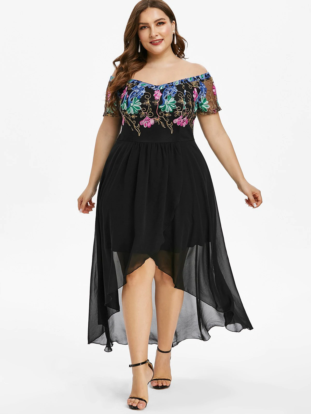 Plus Size Off The Shoulder Embroidered High Low Party Dress