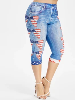 Plus Size American Flag Bowknot 3D Print Capri Leggings