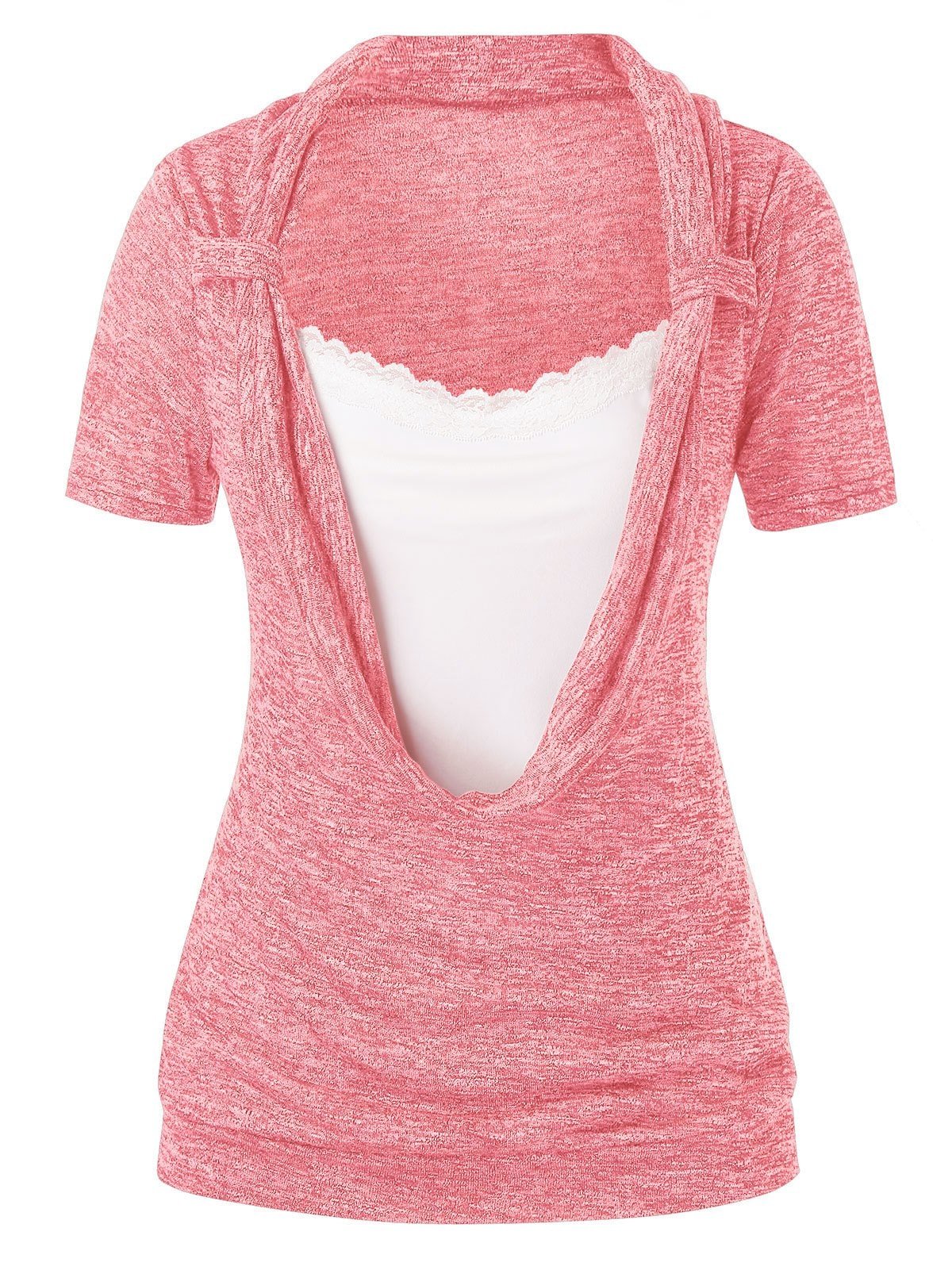 Plus Size Lace Splicing Cowl Front Marled T Shirt