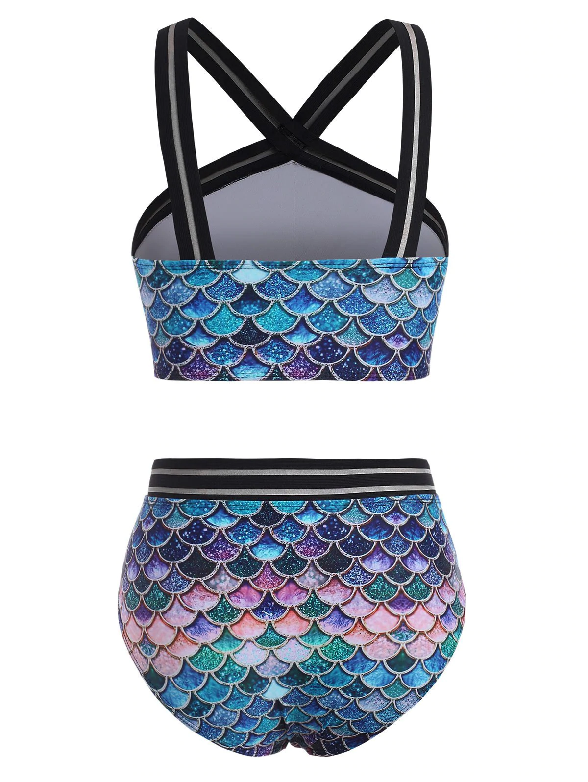 Shadow Striped Trim Scale Print Mermaid Bikini Swimwear