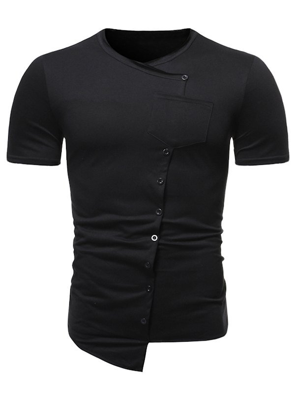 Pure Color Mock Button Pocket Asymmetrical T Shirt