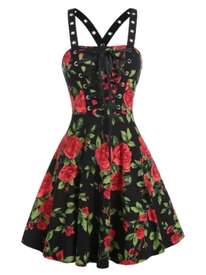 Rose Flower Lace Up A Line Dress