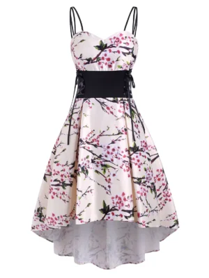Flower Print Lace Up High Low Empire Waist Dress