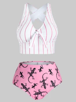 Plus Size Tie Front Striped Gecko Print Tankini Swimwear