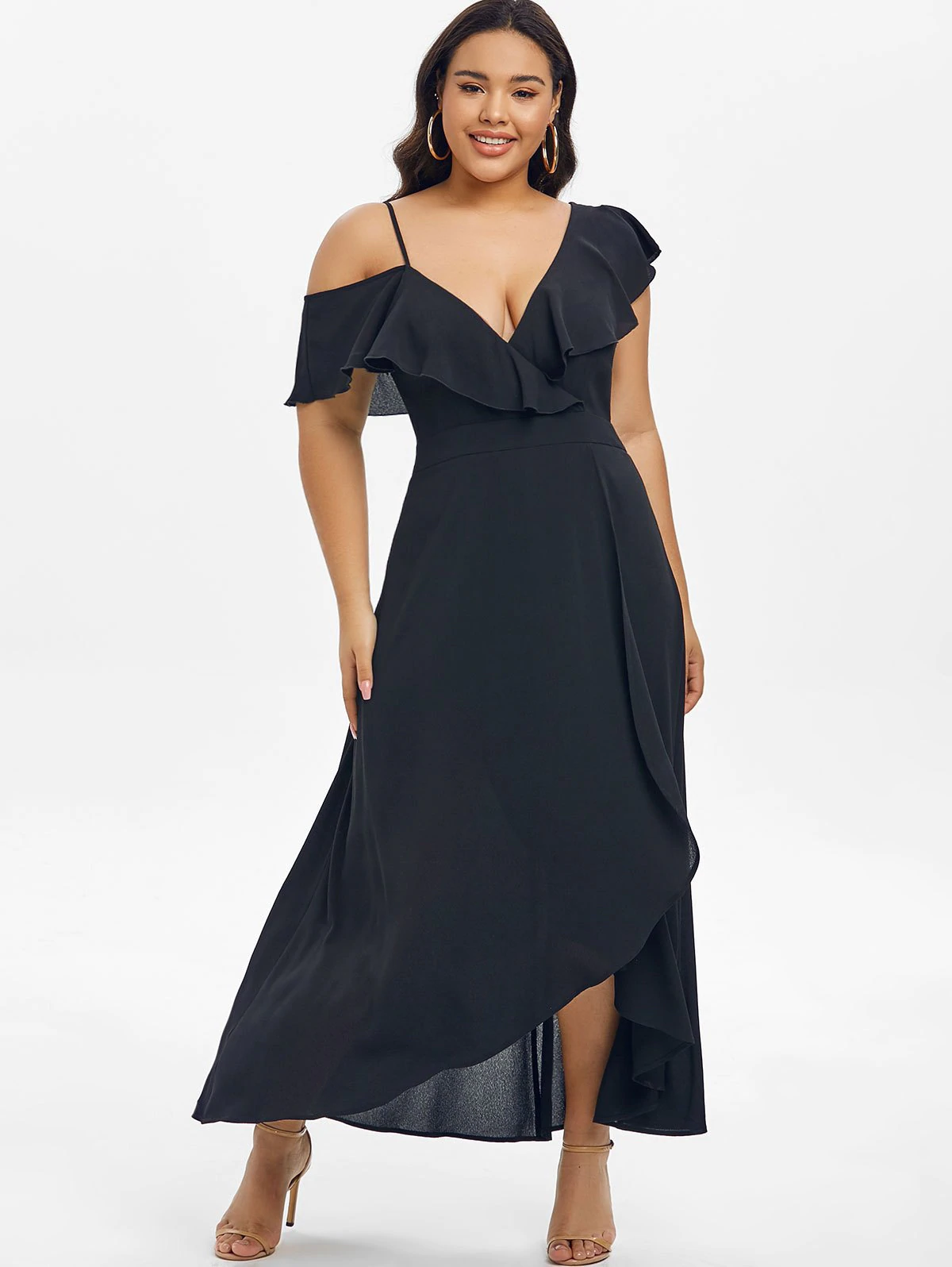 Plus Size Skew Collar Flounce Overlap Long Dress