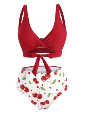 Knot Cherry Print Bikini Swimwear