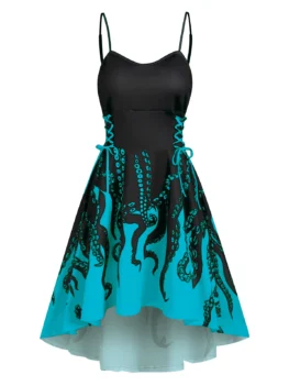 High Low Lace Up Octopus Print Cami Dress