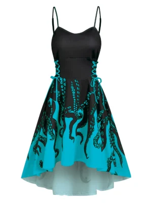 High Low Lace Up Octopus Print Cami Dress