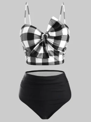 Plaid Bowknot Push Up Ruched Tankini Swimwear