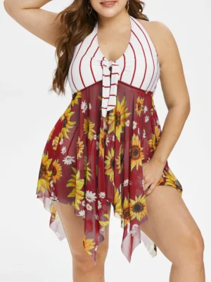 Plus Size Halter Sunflower Print Stripe Tankini Swimsuit
