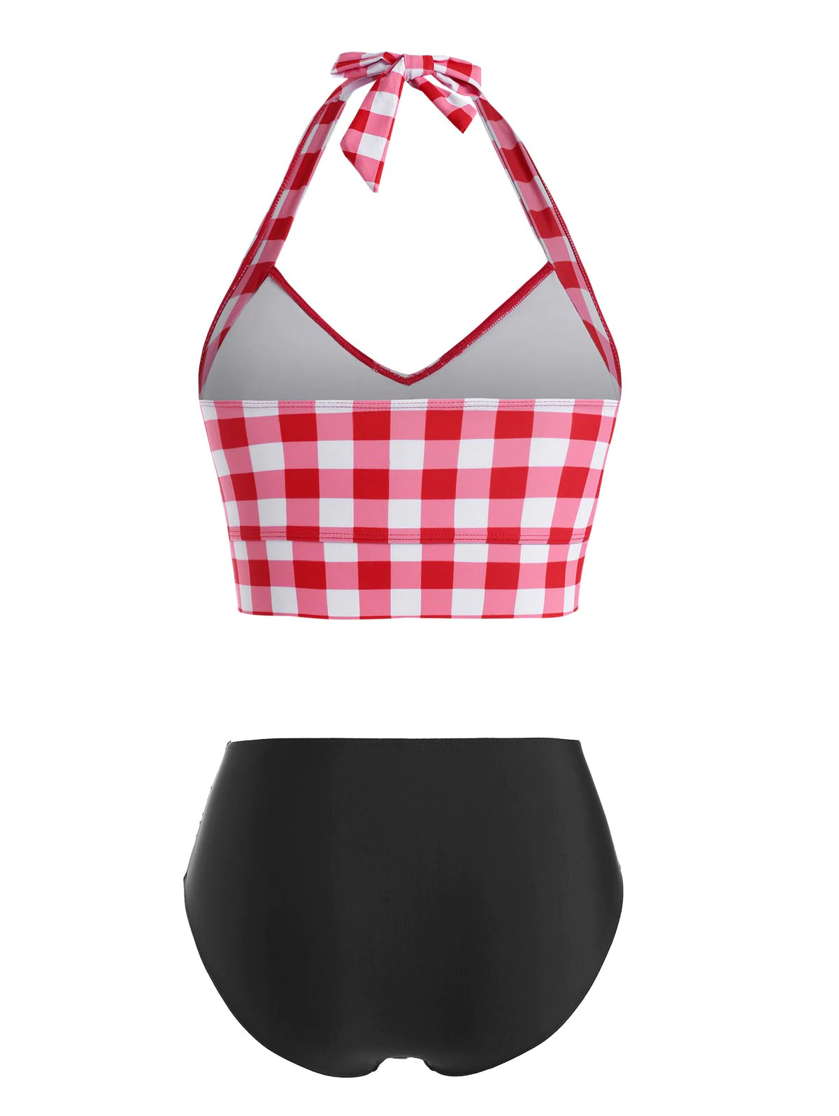 Plus Size Halter V Neck Bowknot Plaid Print Buttons Bikini Set S