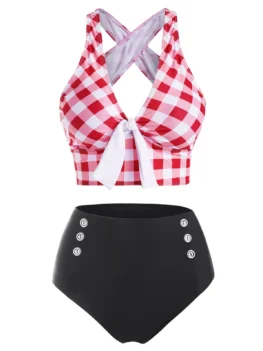 Checkered Crisscross Tied Mock Button Tankini Swimwear