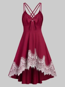 Lace Insert Knotted Strappy High Low Dress