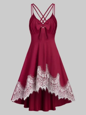 Lace Insert Knotted Strappy High Low Dress