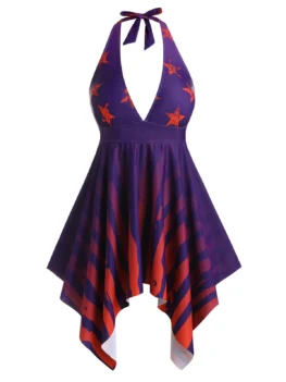 Plus Size Handkerchief Star Striped Halter Tie Tankini Swimwear