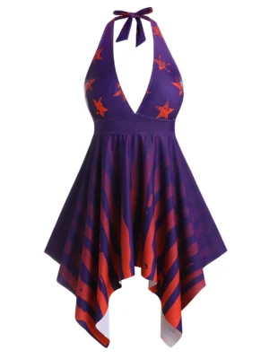 Plus Size Handkerchief Star Striped Halter Tie Tankini Swimwear