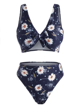 Sunflower Floral Print Knot High Leg Bikini Swimwear