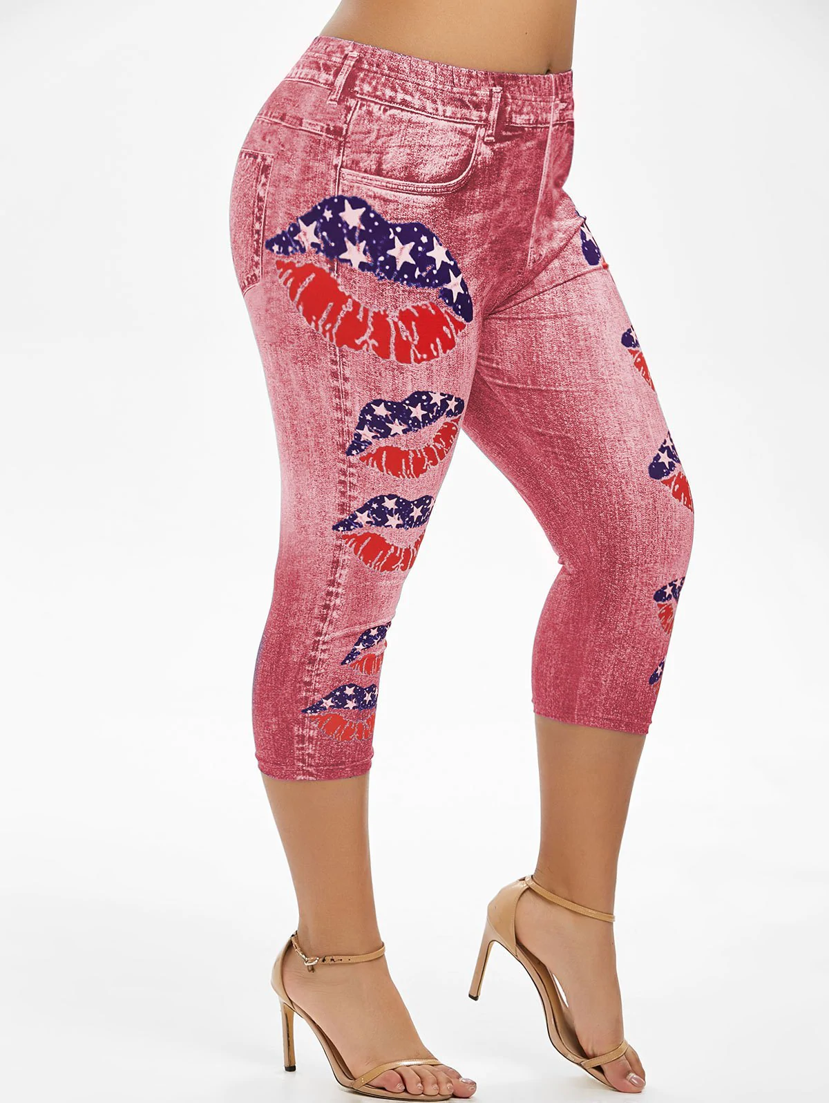Plus Size Lip Print American Flag Cropped Jeggings
