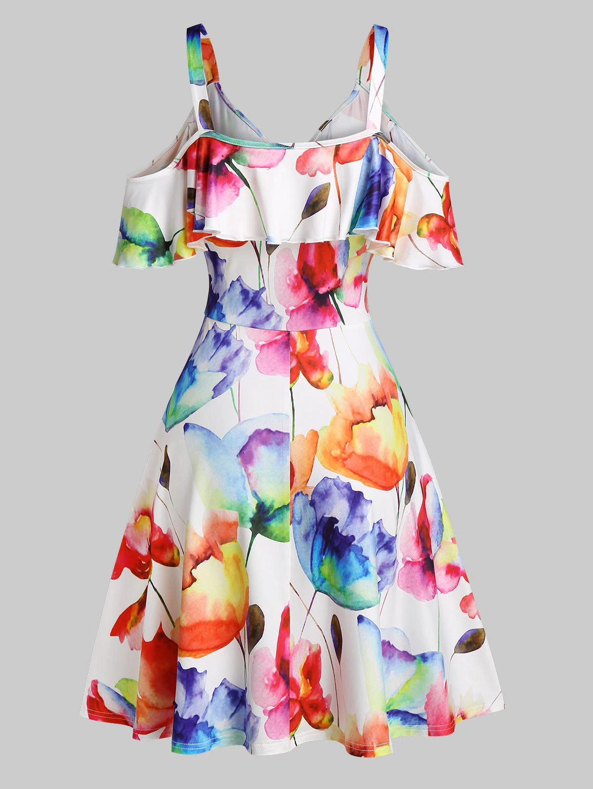 Cold Shoulder Flower Printed High Waist Dress