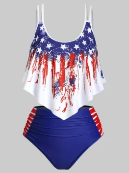 Heart American Flag Overlay Flounces Ruched Plus Size Tankini Sw