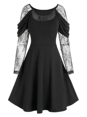 Lace Sleeve Draped Gothic Prom Dress