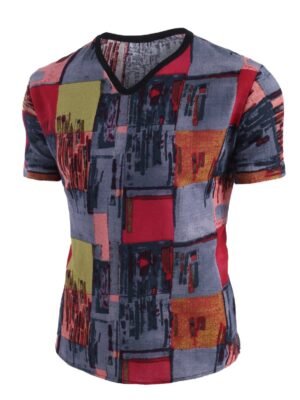 Ethnic Pattern Block V Neck Short Sleeve T Shirt