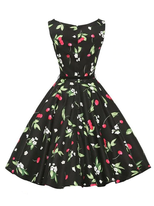 Flower Cherry Print Belted Sleeveless Dress