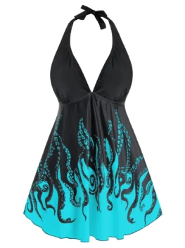 Plus Size Low Cut Backless Galaxy Octopus Print Tankini Swimwear