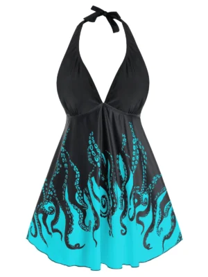 Plus Size Low Cut Backless Galaxy Octopus Print Tankini Swimwear
