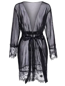 Belted Eyelash Lace Panel Sheer Mesh Robe