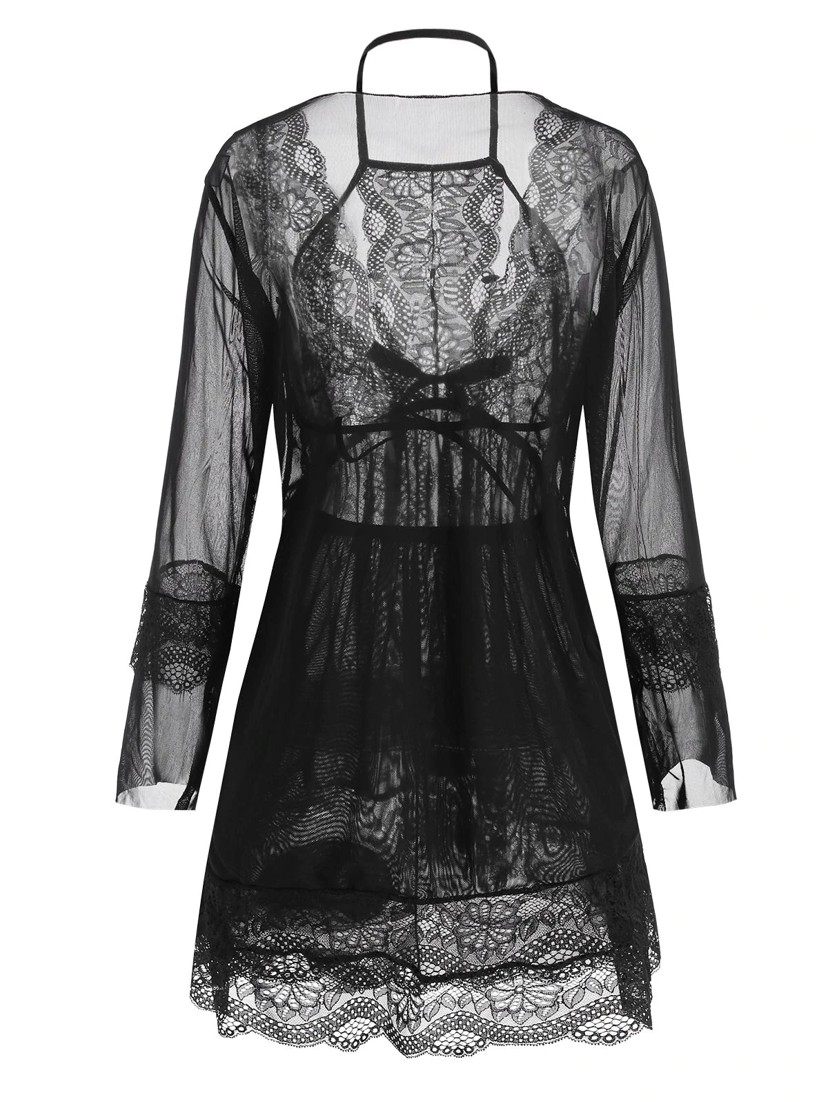 Scalloped Lace Mesh Lingerie Robe Babydoll Set