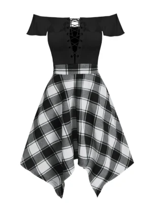 Handkerchief Off Shoulder Lace Up Plaid Dress