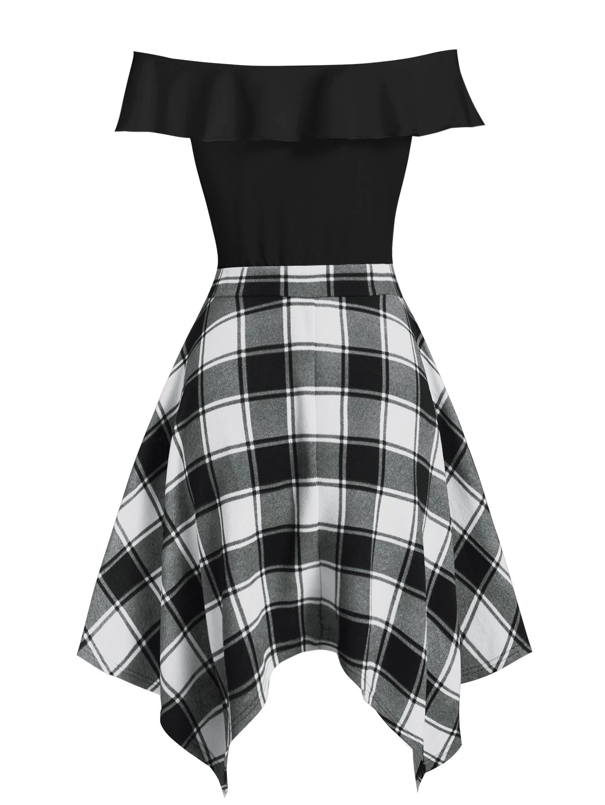 Handkerchief Off Shoulder Lace Up Plaid Dress