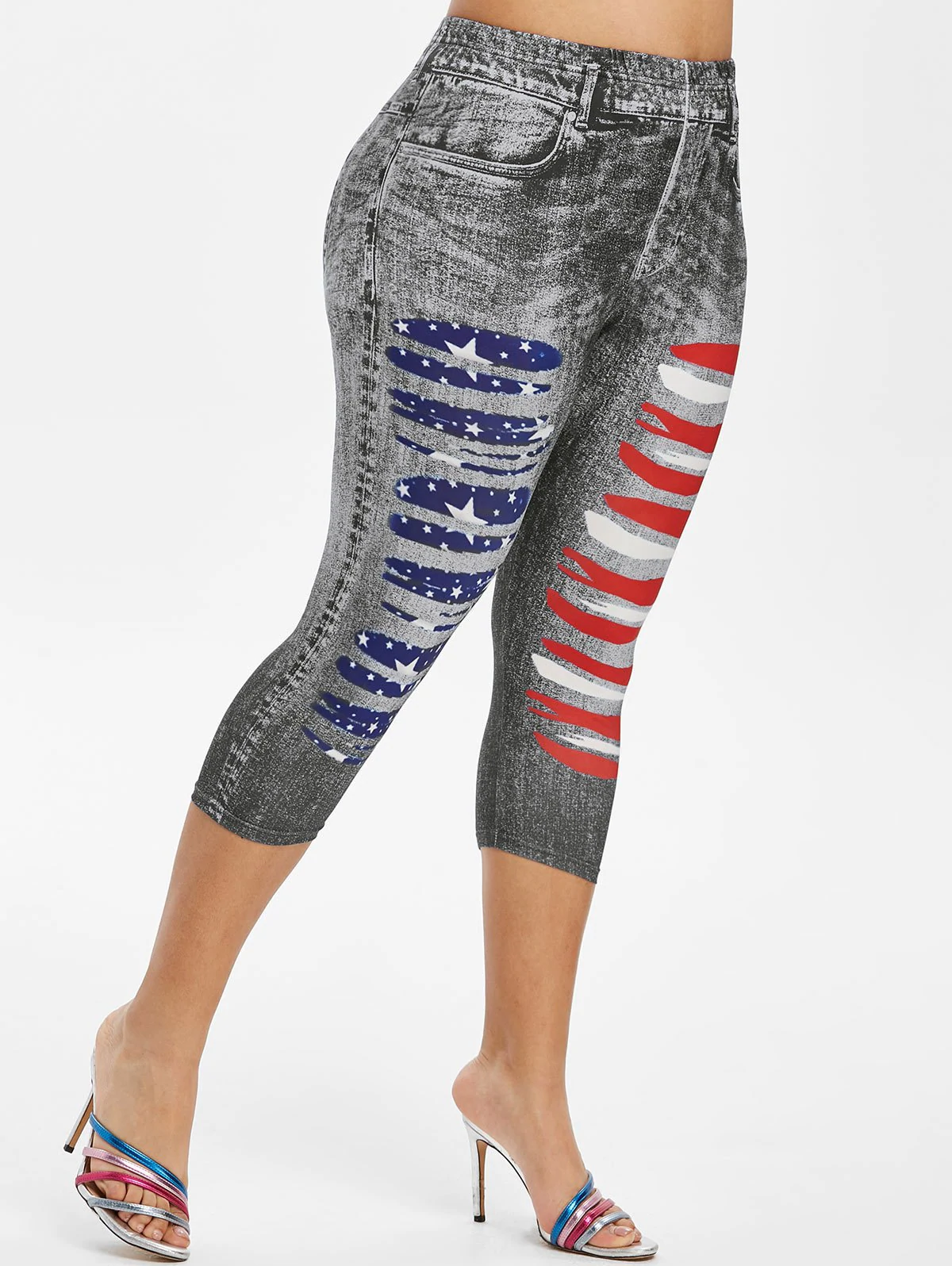 Plus Size American Flag 3D Ripped Print Jeggings