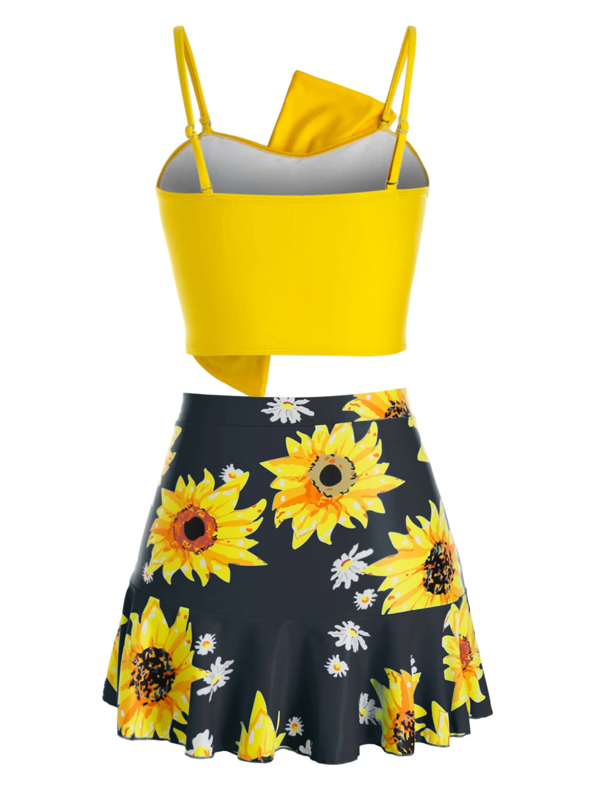 Plus Size Sunflower Ruched Three Pieces Skirted Tankini Swimwear