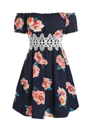 Flower Print Lace Applique High Waist Dress