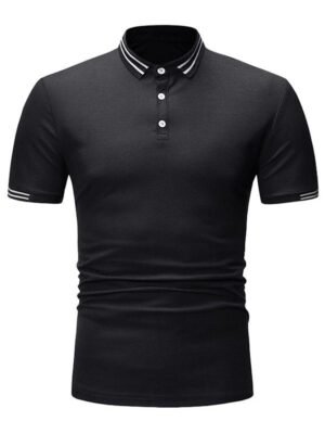 Men's Black Polo T-shirt with Striped Collar