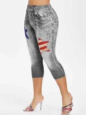 Plus Size American Flag 3D Destroyed Jean Print Cropped Jeggings