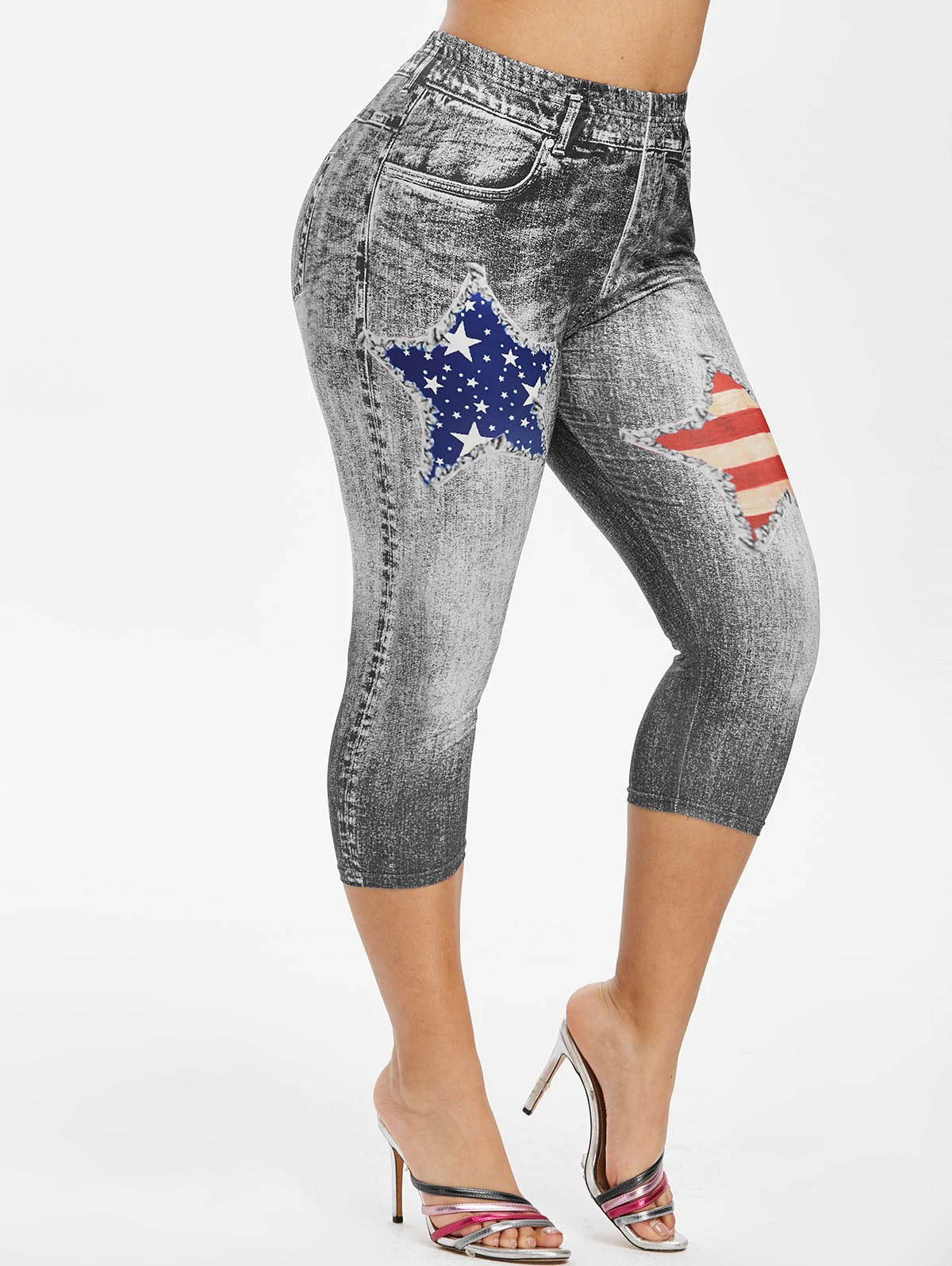 Plus Size American Flag 3D Destroyed Jean Print Cropped Jeggings