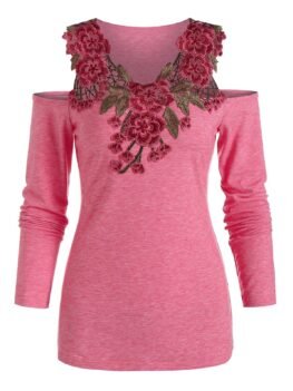 Flower Lace Insert Cold Shoulder Heathered T-shirt