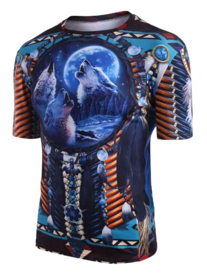 Indian Wolf Print Crew Neck Casual T Shirt
